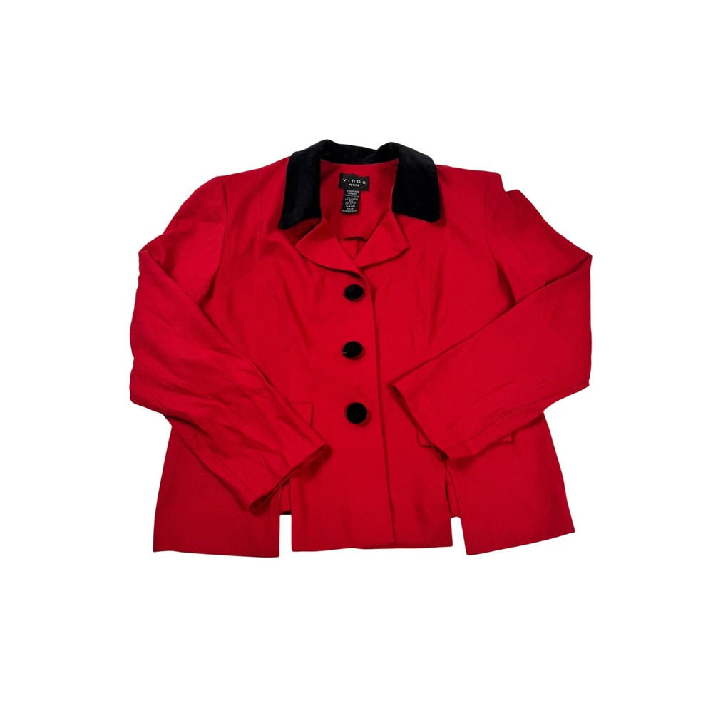 Virgo Petite Vintage Red Blazer Black Velvet Collar Button Front Size 14P